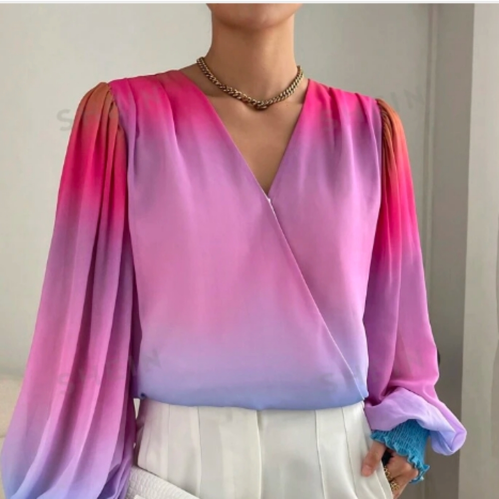 Shein Blouse Womens Size L Pink Tie Dye Long Sleeve V-Wrap Neck Elastic Waist